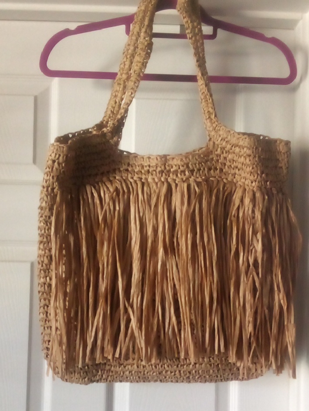 Woven Fringe Straw Tote Bag in Natural